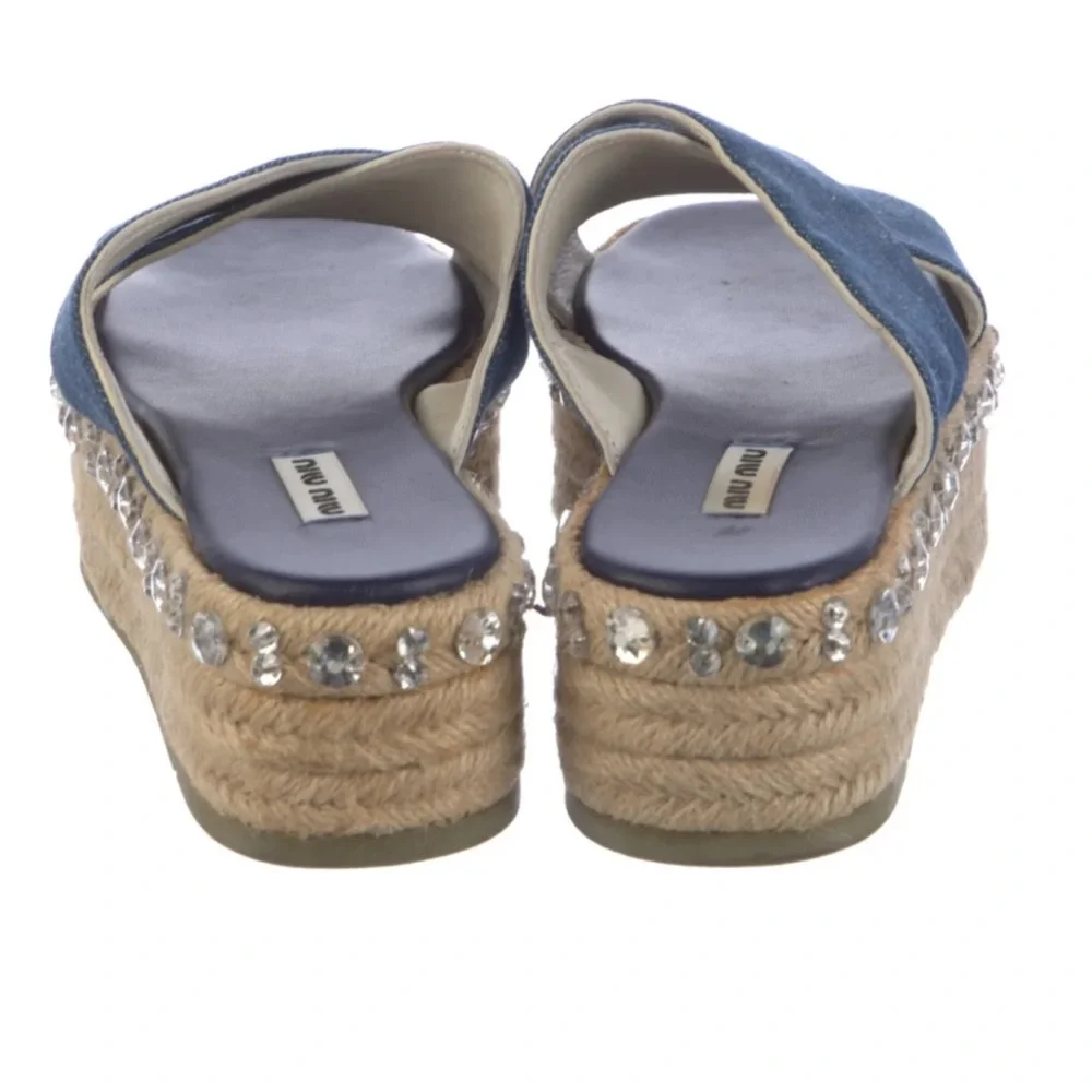 Miu Miu Criss Cross Jeweled Blue Y2K Denim Platform Sandals